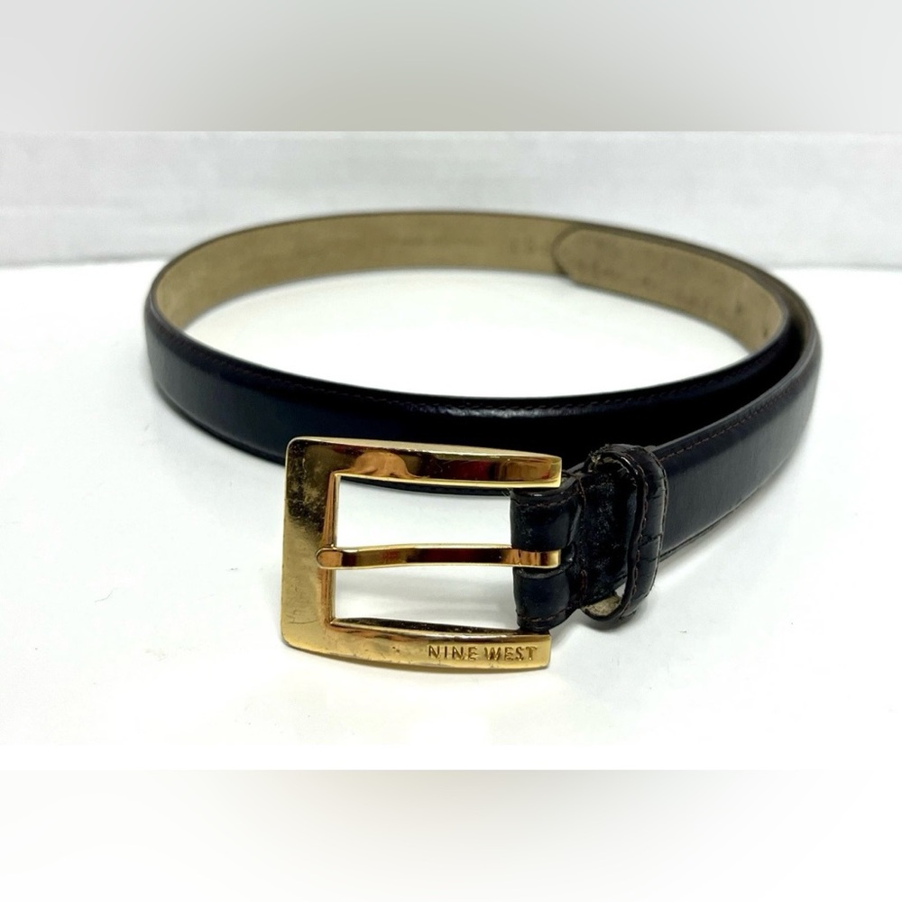 Nine West Women’s Genuine Leather Black Belt Size L Gold Buckle 31-35” Waist